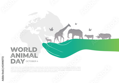 World animal day with world map and animal on hand background celebrated on october 4.