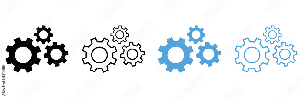 Gears icons set. Gears setting icons collection, cogwheel group. For app settings button, web settings button. Vector illustration.