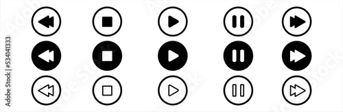 Play and pause icon set. Media player icon set. Music player icon set. Media player icon collection. Play and pause buttons sign. Play and pause buttons symbol. Vector illustration.