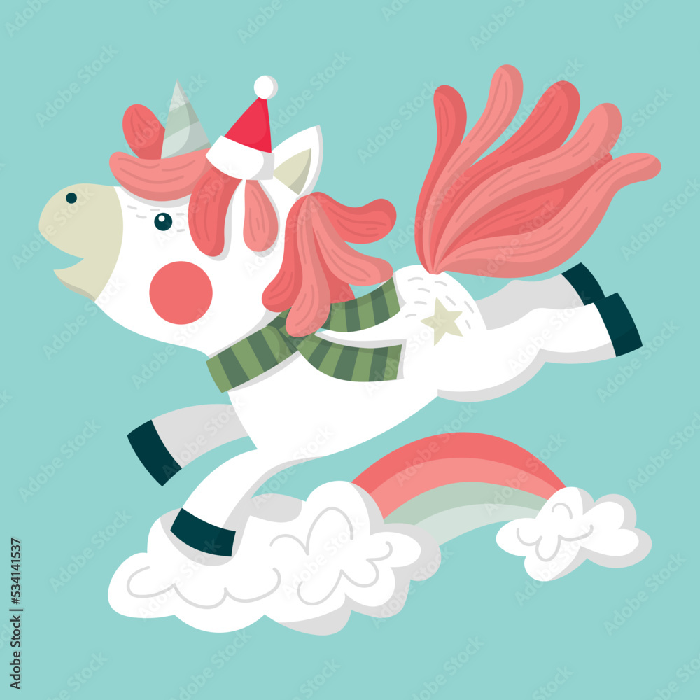 Cute unicorn jumping on the clouds and rainbow, Christmas illustration Cute unicorn jumping on the clouds and rainbow, Christmas illustration