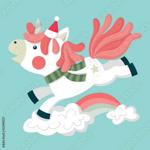 Cute unicorn jumping on the clouds and rainbow, Christmas illustration