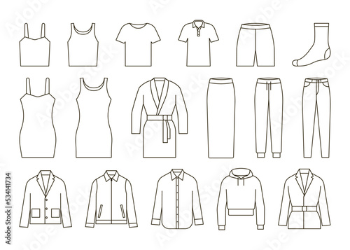 Cloth line icon set. Underwear and outerwear. Shirt, sock, jeans, coat, jacket, pants, dress. Short and long sleeve. Outline template, mockup in front view. Vector illustration