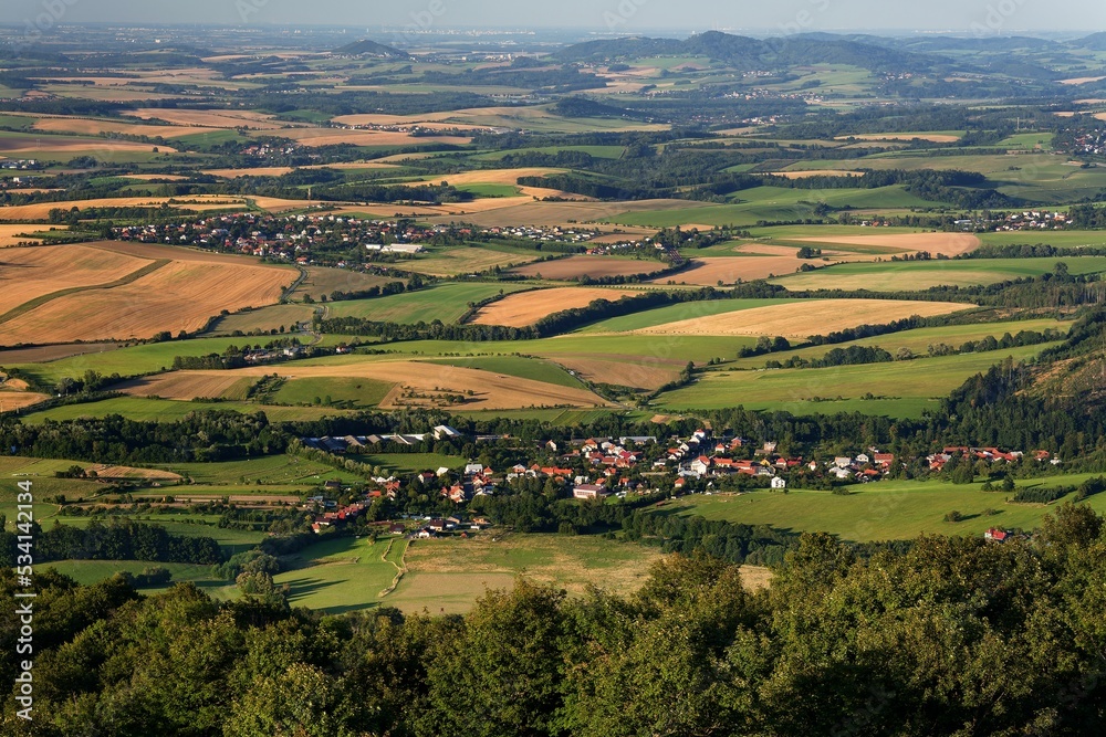  Early evening view from the observation tower on Kelcsky Javornik to the villages of P.Lhota and Kunovice. Hostyn hills. Moravia. Czechia.