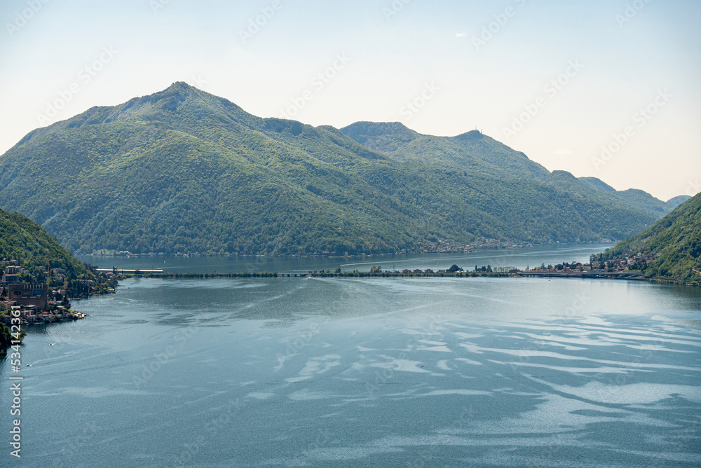 Lake of Lugano, Melide and Campione with Mount St. Giorgio in the back