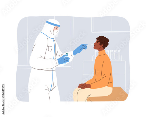 Nurse and patient during covid-19 rapid antigen test in clinic, medical laboratory. Nasal swab for coronavirus lab research, check. Flat graphic vector illustration isolated on white background