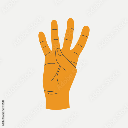 Set of gestures colourful human hands counting. Fingers expressing the numbers 4. Showing fingers to count from one to five. Voting and pointing, hi-five, number one finger, election vote.