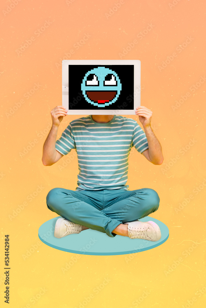 Vertical collage image of sitting person hands hold apple pad tablet instead head smiling emoji screen isolated on drawing background