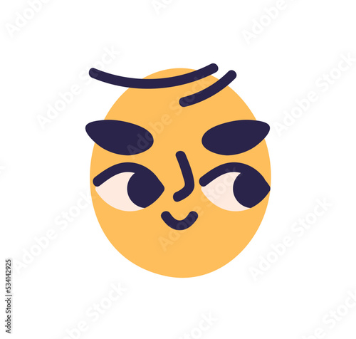 Curious face avatar, emoji with interested excited facial expression, emotion. Funny comic abstract character looking aside with curiosity. Flat vector illustration isolated on white background