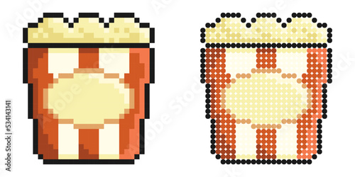 Pixel icon. Packet of popcorn, bucket of airy dessert. Leisure at cinema. Simple retro game vector isolated on white background