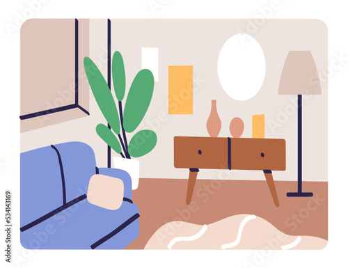 Living room, home lounge interior design. Apartment with furniture and decoration, sofa, wood chest of drawers, lamp, potted house plant. Cozy furnished livingroom. Colored flat vector illustration