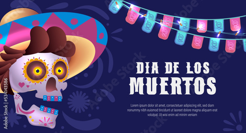 Dia de los muertos means Day of the dead. Mexican holiday festival Template Banner Vector Illustration. 