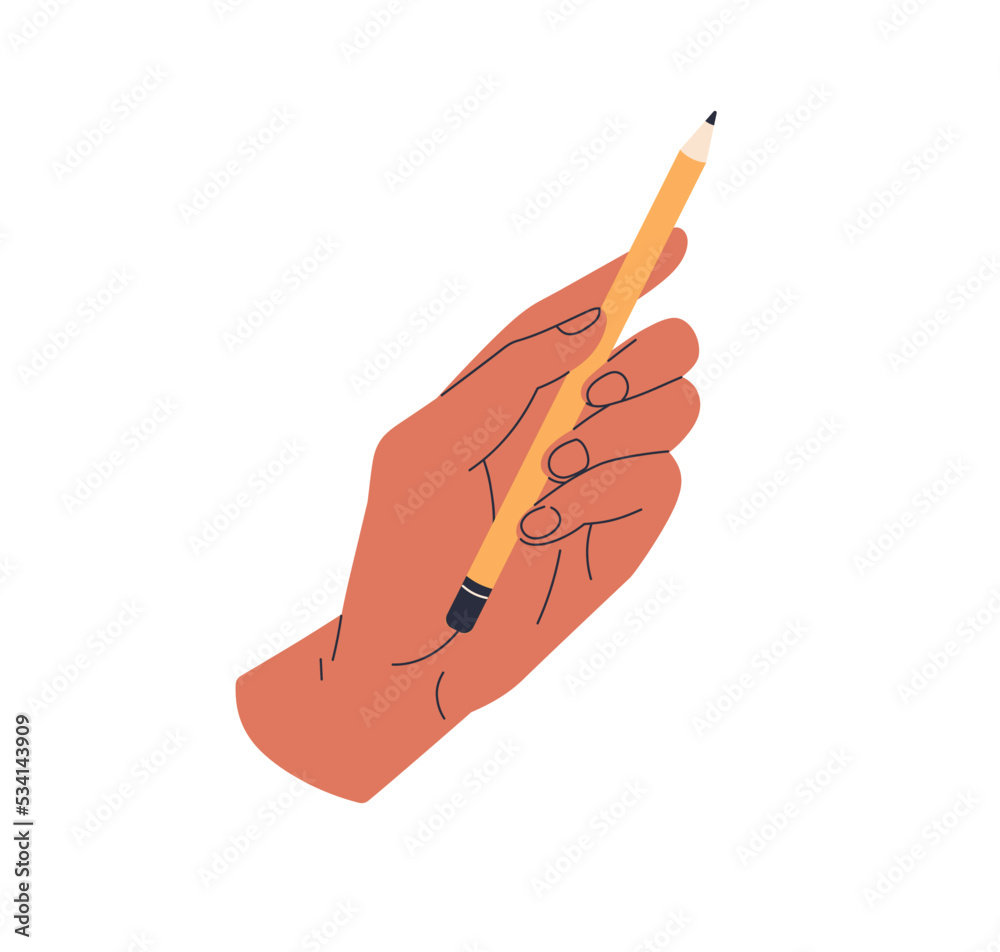 Hand holding sharp simple pencil. Fingers squeezing drawing, painting
