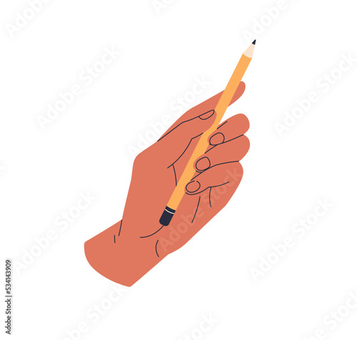 Hand holding sharp simple pencil. Fingers squeezing drawing, painting tool. A...