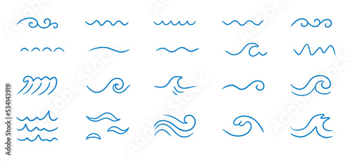 Wave sea line doodle icon set. Hand drawn sketch water wave outline. Simple curve, scribble aqua flow. Isolated vector illustration.