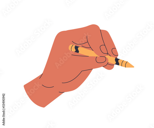 Hand holding oil stick. Arm with wax pencil painting, drawing. Artists fingers squeezing, using, applying art tool, instrument. Flat vector illustration isolated on white background