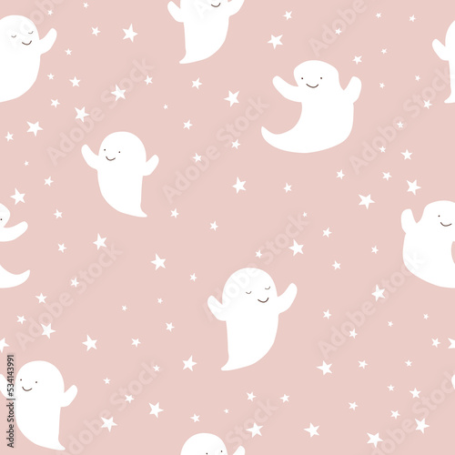 Cute Halloween ghost on pink background decorated with stars, kids holiday seamless pattern. © Alyona