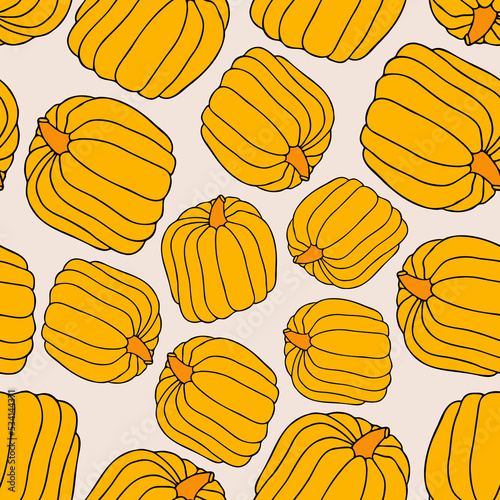 Autumn seamless pattern, square background, hand drawn pumpkins