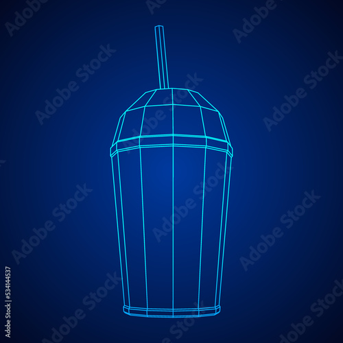 Paper cup with straw. Drink Fast food. Wireframe vector illustration