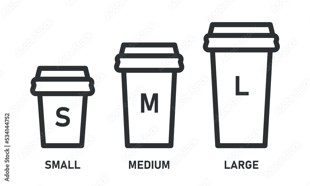 Cup size line icon set. Small, medium and large take away drink. Vector  illustration Stock Vector