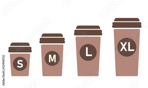 Take away drink, different size cup. Small, medium and large cup set. Recycle mugs. Vector illustration on white background
