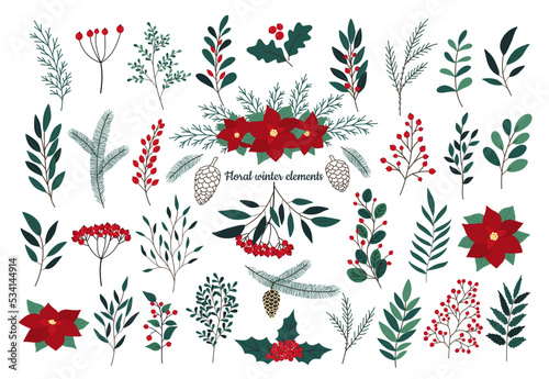 Christmas hand drawn set of poinsettia, leaves, branches, berries, holly, pine cone, guelder rose. Winter floral cozy collection. Vector sketch elements. Happy New Year illustration isolated on white