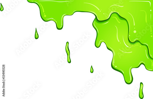 Green dripping paint right corner. Vector dripping liquid isolated on white. Colored slime flowing down. Leaking paint