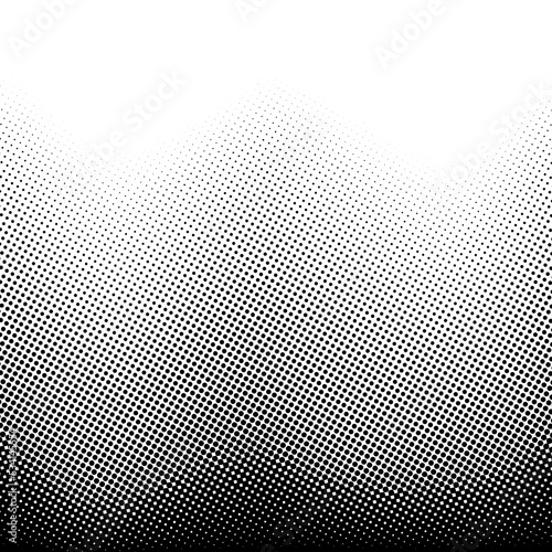 Halftone gradient background. Grunge halftone pop art texture with vanishing effect. White and black faded grainy wallpaper. Retro vector backdrop 