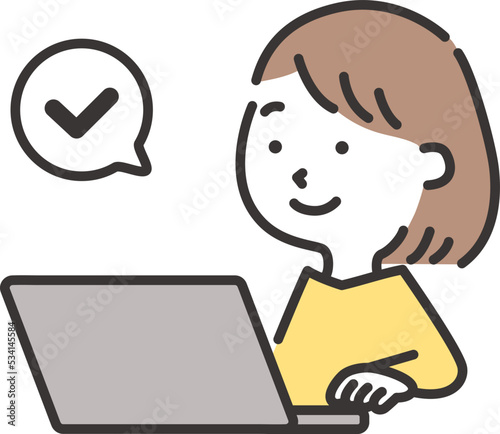 笑顔でパソコンを操作する女性のイラスト