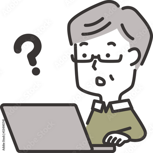 パソコンを見ながらわからないことがある高齢男性のイラスト