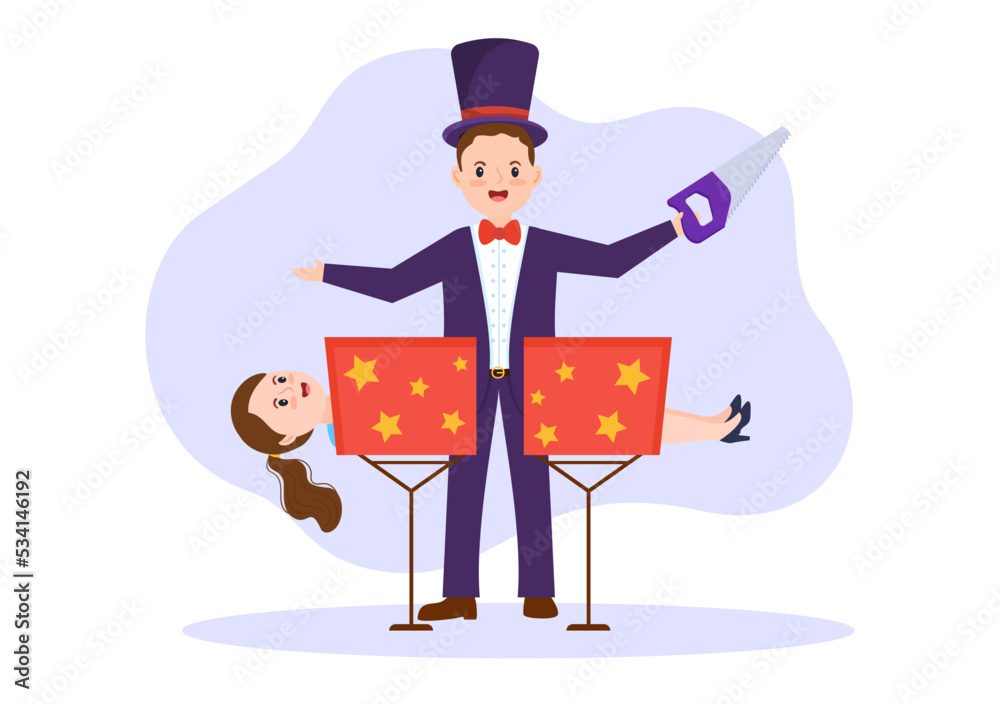 Magician Illusionist Conjuring Tricks and Waving a Magic Wand above his Mysterious Hat on a Stage in Template Hand Drawn Cartoon Flat Illustration