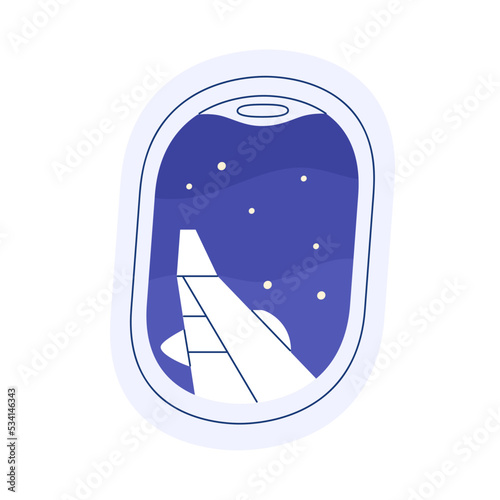 Porthole view on dark night sky with stars. Skyscape, wing through air plane ...
