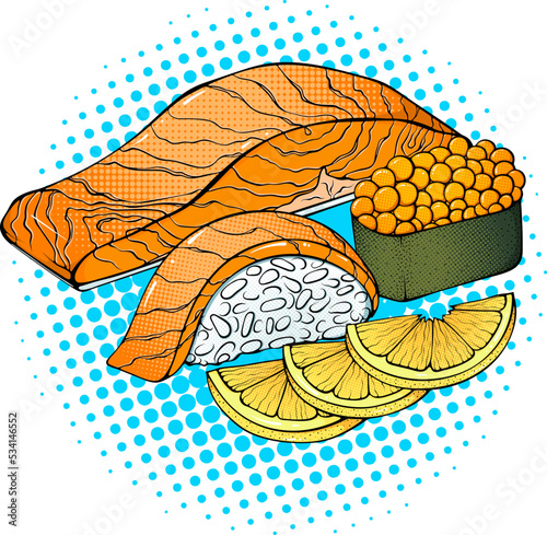 Nigiri and ikura sushi with salmon fillet illustration. Food close up. Vector bright colored halftone print in Pop Art style with space for text. Retro cartoon comic style. Design for sticker, poster.