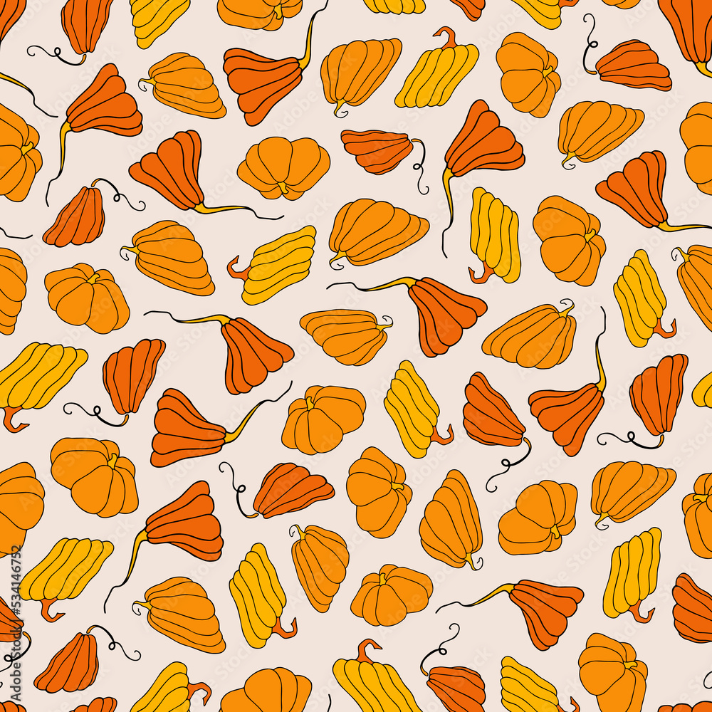 Autumn seamless pattern, square background, hand drawn pumpkins