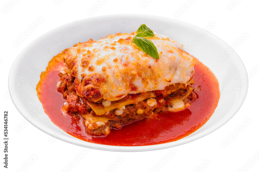 italian lasagna with tomato sauce isolated on white background italian lasagna with tomato sauce isolated on white background