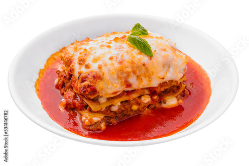 italian lasagna with tomato sauce isolated on white background