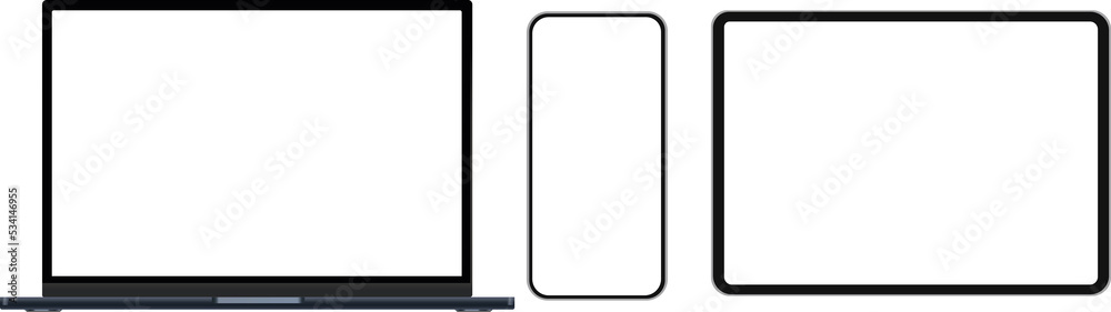 set of multipurpose white screens with laptop, tablet and smartphone set of multipurpose white screens with laptop, tablet and smartphone