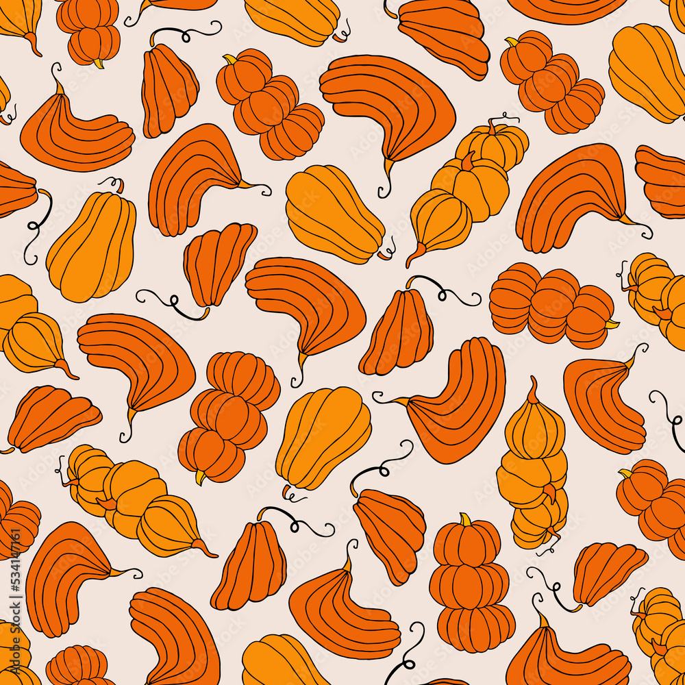 Autumn seamless pattern, square background, hand drawn pumpkins Autumn seamless pattern, square background, hand drawn pumpkins