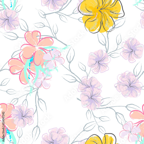 Wallpaper Mural Pink Flowers Blooming Pattern. Pastel Watercolor. Torontodigital.ca