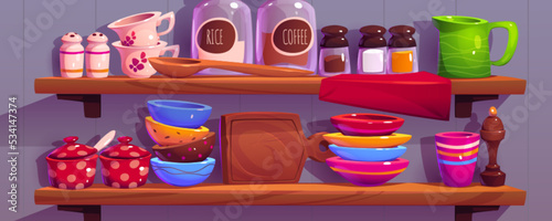 Kitchen shelves with utensil, kitchenware, cups, plates and dishes. Coffee, salt, pepper pot, wood cutting board, glass seasoning jars on wooden wall rack, household interior Cartoon illustration