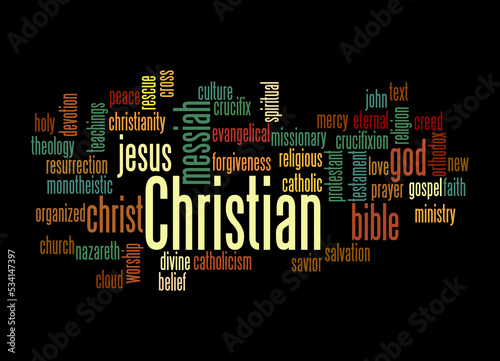 Word Cloud with CHRISTIAN concept, isolated on a black background photo