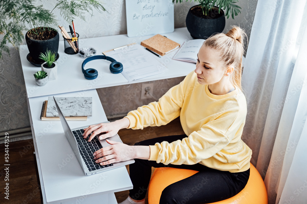Sitting on gym ball at work. Use exercise ball like chair at workplace.  Freelancer woman sitting on orange fitness ball using laptop in home office  Stock Photo | Adobe Stock