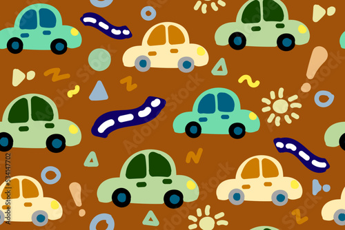 Toy simple cars  children drawing of a auto  a seamless pattern of automobile and road signs