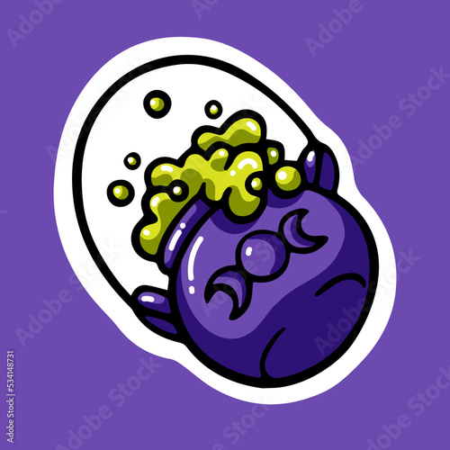 Halloween cauldron with green boiling potion. Helloween holiday caldron full of magic poison, liquid treat for October witchcraft, mystic sticker. Isolated colored flat cartoon vector illustration