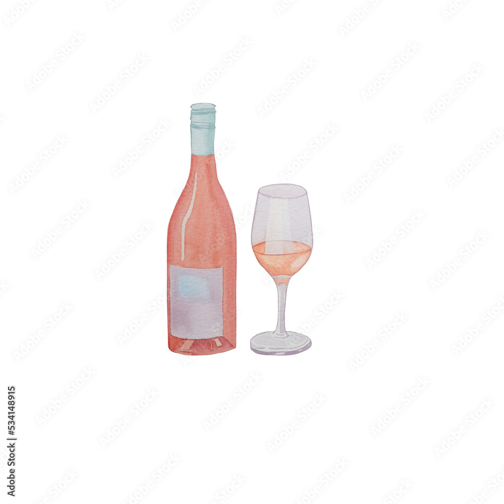 Watercolor illustration of rose wine in bottle and wineglass. Watercolor illustration of rose wine in bottle and wineglass.