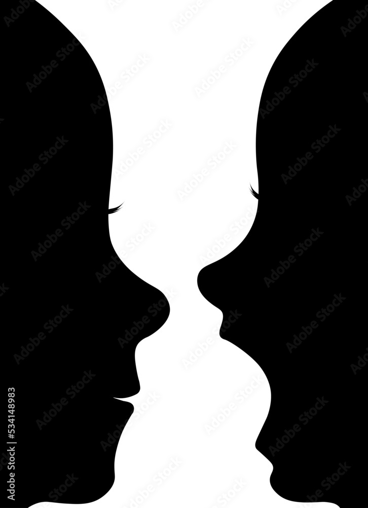 Two silhouette faces and head icons illusions. opposite silhouettes of children profiles, smiling and screaming shadow form. on black and white background Two silhouette faces and head icons illusions. opposite silhouettes of children profiles, smiling and screaming shadow form. on black and white background
