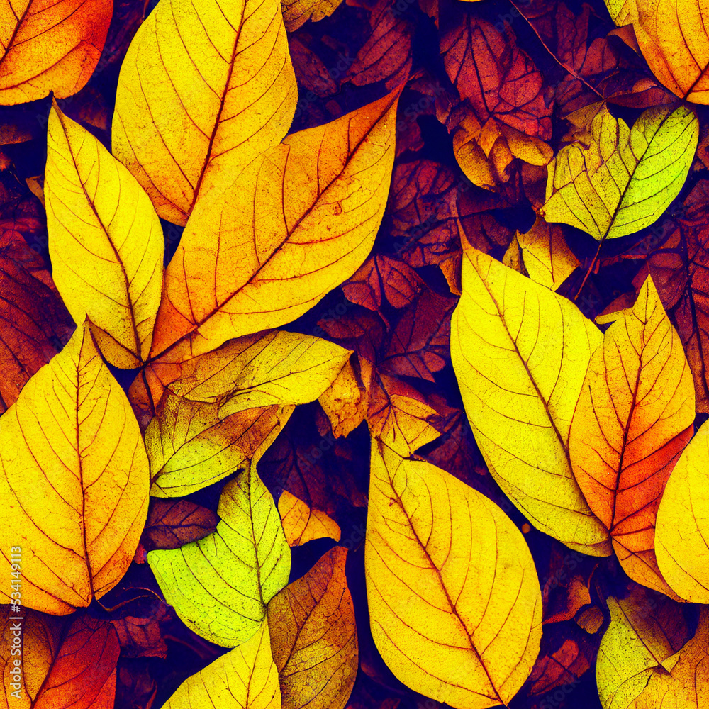 Autumn leaves in yellow, red, green an orange, digital art