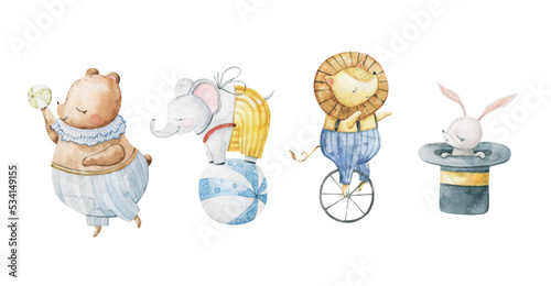 Cute circus cartoon vector illustration. Watercolor illustrations on a posters and banners for a circus shows, animal, magician, character,  juggling,  and circus motives. Childish illustration
