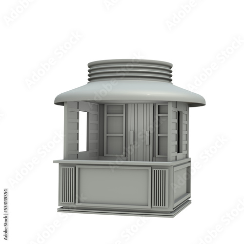 3D RENDER ILLUSTRATION. Sample idea model outdoor food drink booth kiosk. Small business street food stall market or Product exhibition fair counter concept design on isolated png blank background.