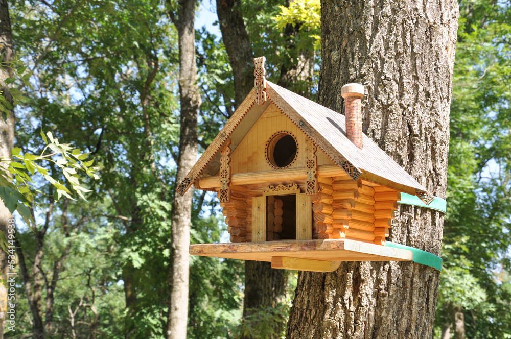 Beautiful wooden bird house in a rustic style on a tree close-up in a city park