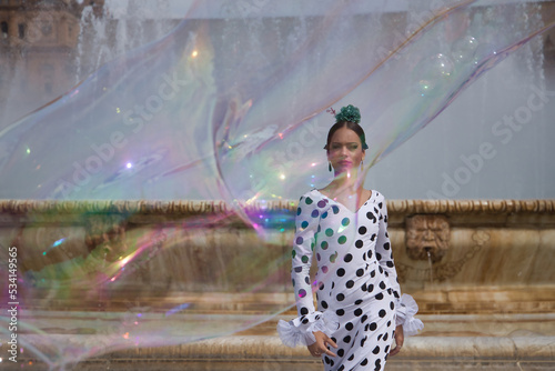 Young teenage woman in white suit with black polka dots, in front of a water fountain and seen through a large soap bubble. Flamenco concept, dance, art, typical Spanish dance, bubbles.